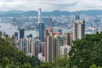 View of Hong Kong and Kowloon from Victoria peak. Panorama of Hong Kong, skyscrapers and nature.