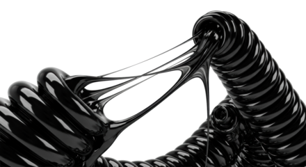 Photorealistic extreme macro of obsidian-black tar forming heavy coils and stretching filaments on transparent studio background, highlighting reflective surface. Concept of raw elemental power