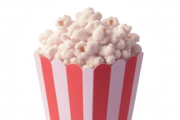 Popcorn overflowing from a red and white striped bucket isolated on a transparent background, perfect for movie night snacks
