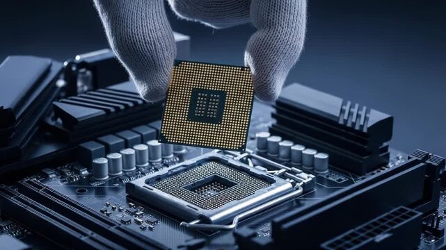 A gloved hand carefully installs a central processing unit cpu onto a computer motherboard, highlighting the intricate details of modern technology and hardware assembly
