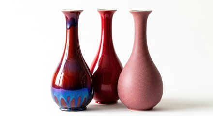 Three elegant and artistic ceramic vases displayed on a white background with rich colors and textures