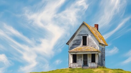Abandoned Farmhouse on Hilltop under Blue Sky with Wispy Clouds