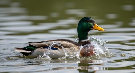 Obraz premium Mallard duck swimming in a lake creating splashing ripples around the bird beautiful plumage