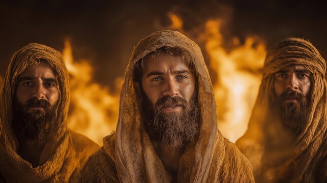 The three Hebrew men stand unharmed in the fiery furnace, a miraculous testament to faith and divine protection.