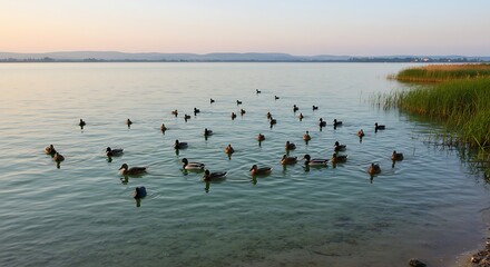Ducks swimming peacefully in serene lake at dusk under soft pastel sky reflection
