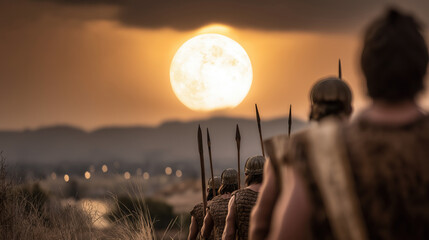 The sun stands still over Gibeon as Israel fights, light casting dramatic shadows on warriors, highlighting divine intervention in this epic battle scene.