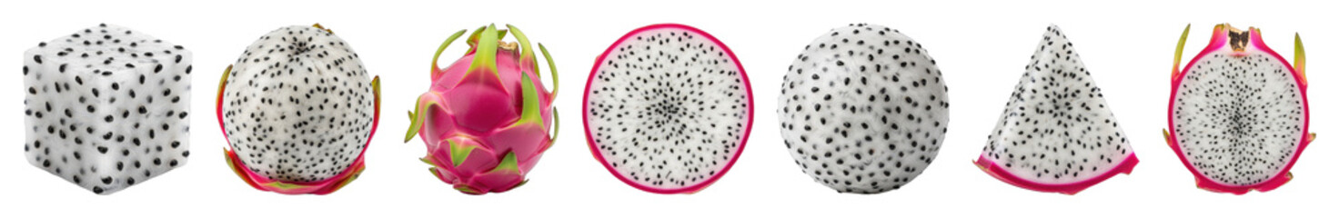 Dragon fruit set including whole, halves, slices, and cube isolated. Exotic food and tropical fruit collection.