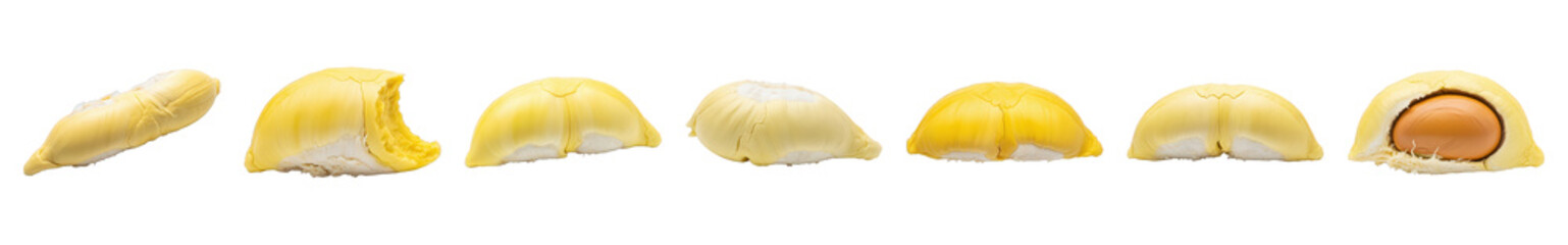 Naklejka premium Durian fruit set including yellow arils, segments, and one with a seed isolated. Tropical healthy food collection.