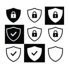 Shield icons with lock and checkmark isolated on white background