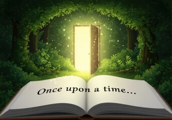 An open book with the words once upon a time leading to a glowing door in a magical forest