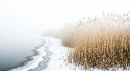 Tranquil winter scene featuring reeds beside frozen lake shore and misty atmosphere creating calmness