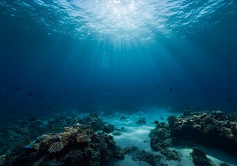 Fototapeta premium Underwater Ocean Scene Sunlight Rays, Corals, Marine Life, Blue Water, Ocean Floor, Underwater Photography.