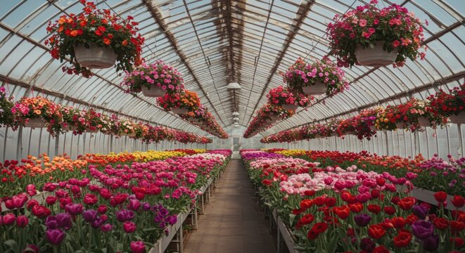 Vibrant Greenhouse Filled with Blooming Flowers