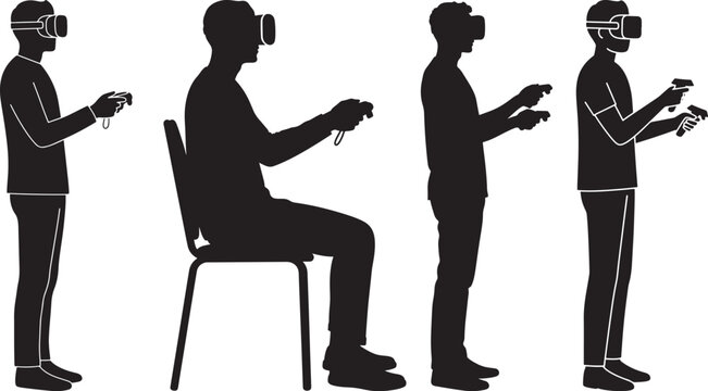 Four silhouettes of people using virtual reality headsets and controllers isolated on white background