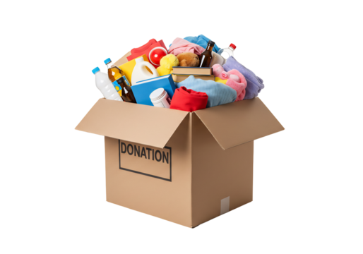 溢れる優しさ　寄付箱に詰め込まれた様々な品々　鮮やかな色彩