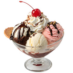Delicious ice cream sundae with cherry isolated on transparent background
