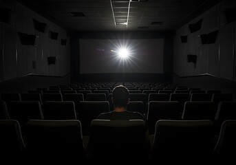 Alone in a Cinema Watching a Movie Solitary Viewer and Bright Screen Experience.