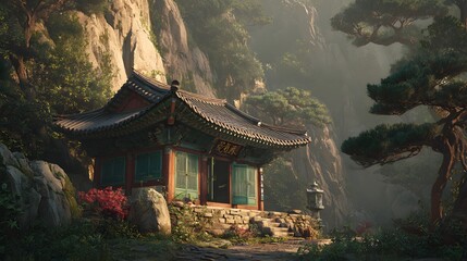 A serene Asian temple nestled amidst towering cliffs and lush greenery, bathed in soft sunlight.