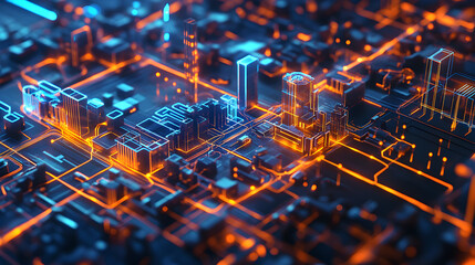 Abstract futuristic city with glowing neon lines and geometric buildings in blue and orange tones