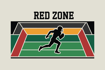 A football player silhouette running across a football field with the words red zone above it all