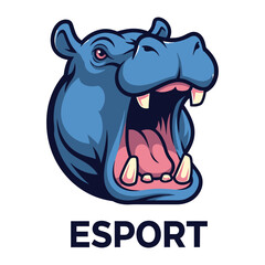 Hippo Mascot with ESPORT Label: A vibrant illustration of a hippo mascot with its mouth wide open, paired with the word ESPORT at the bottom, creating a dynamic and eye-catching graphic. 