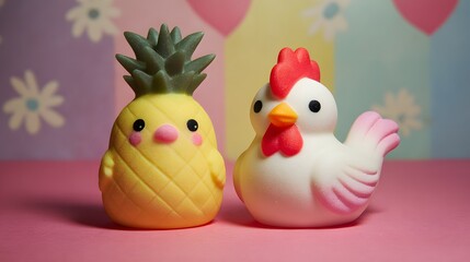 Two whimsical figurines, a pineapple and a chicken, in pastel colors, sit against a cheerful background.