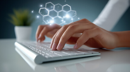Hands engaged in typing on a sleek keyboard, surrounded by a minimalist workspace. Soft glow of digital technology symbols enhances focus and innovation
