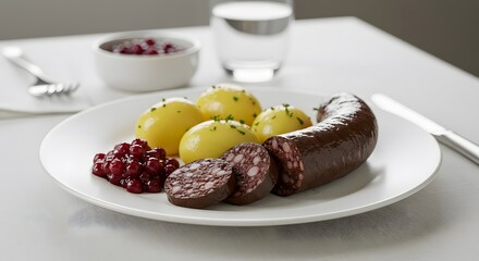 A plate of swedish blood sausage with potatoes lingonberries and a glass of water on a white table