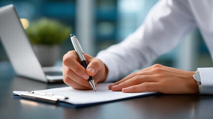 Male hand with pen fills out report sheet on desk in sleek modern office. Bright workspace features laptop and greenery in background. Concept of business, productivity, office work
