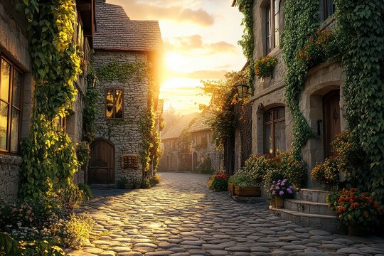 Street with a stone walkway and a house with ivy growing on it