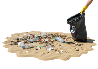 真夏の海岸、輝く砂浜に散らばるゴミを丁寧に拾い集める手。環境保護、清掃活動、ボランティア活動のイメージ写真