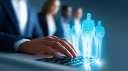 Hand pressing keys on keyboard with transparent silhouettes of a team displayed in digital blue overlay. Modern office environment emphasizes teamwork and innovation