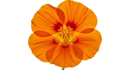 Close up of a vibrant orange nasturtium flower with red accents against a white background in bright light