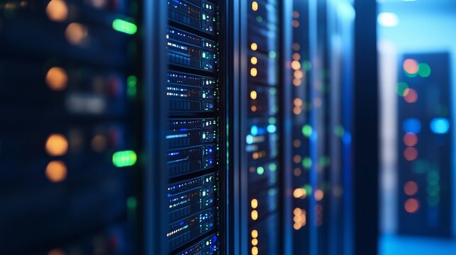 Data center servers with glowing lights. Computers and data racks in a technology center. Hardware servers networking close up infrastructure. Servers in the data center with illuminated lifestyle.