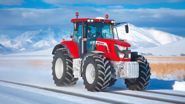 Vivid red Massey Ferguson S 7724 tractors stand out against snowy roads and frosty fields, highlighting their rugged agricultural prowess.