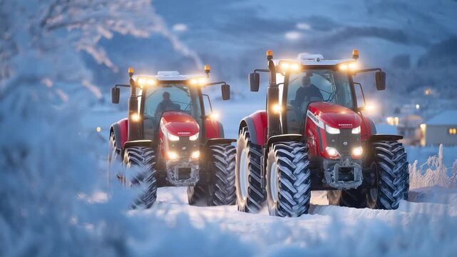 Two Massey Ferguson S 7724 tractors on a snowy lane, their headlights glowing softly, highlighting the serene winter landscape.