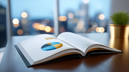 Stack of annual review booklets opened to display colorful charts and graphs. Soft glow from city lights visible through window. Concept of business analysis, corporate reporting, financial overview