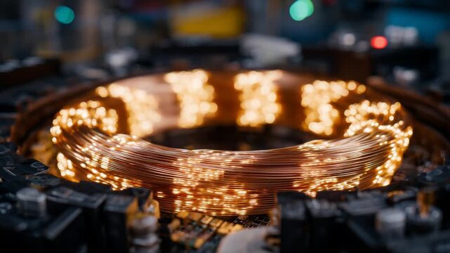 A shimmering gold superconductor coil glows softly in an industrial power station, highlighting advanced copper wiring and polished golden loops.