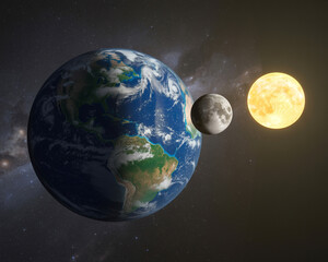 Earth Moon and Sun in outer space illustration planet