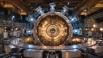 Explore the captivating industrial interior featuring a large gold superconductor coil, intricately embedded within a power station's core, illuminated by warm metallic tones.