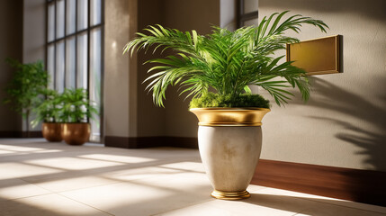 Fototapeta premium Tall trophy-shaped planter holds lush green plant, accentuating a sophisticated indoor space. Bright, airy setting with large windows and stylish decor