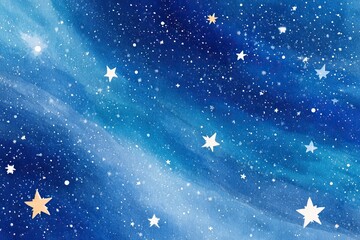 Naklejka premium Watercolor night sky painting featuring shining stars and blue nebulae