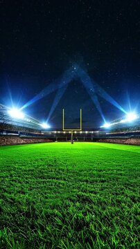 Sports Arena at Night with American Football Field and Yellow Goalpost Prepped for Game - 4K Vertical Video Animation