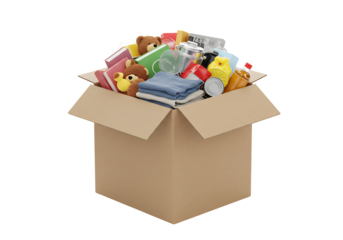 カラフルなアイテムがぎっしり詰まったダンボール箱、明るく鮮やかな3Dレンダリング