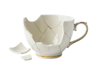 白磁のカップ、細かく砕けた破片、クローズアップ写真、繊細な質感