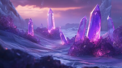 Purple crystals on a snowy mountain. A landscape of icy snowy cliffs and icy sand. Concept art of purple crystals. Violet gems on a lifestyle snowy peak.