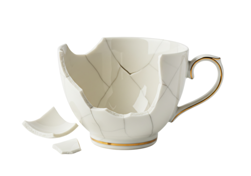 白磁のカップ、細かく砕けた破片、クローズアップ写真、繊細な質感