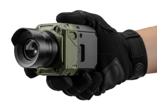 Strong hand in dark tactical glove firmly grasping cutting-edge multi-spectral surveillance camera with large optical lens, isolated on transparent, concept of tactical technology