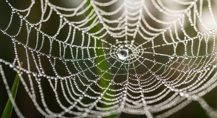 Spiderweb covered with water droplets, nature background, close-up