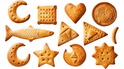 Collection of assorted cookies and crackers in various shapes including crescent, fish, star, triangle, and heart isolated on transparent background
